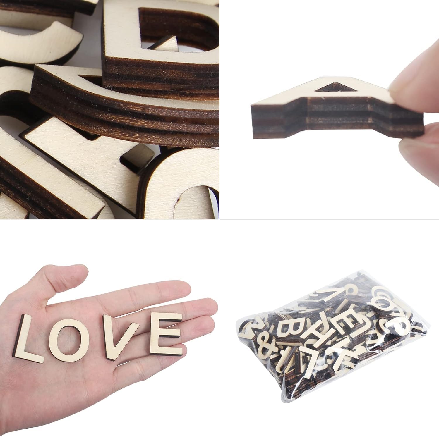 Collage of wooden letters, a hand holding 'LOVE', a single letter, and a bag of letters.