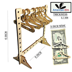 Wooden hanger stand with measurement details and American Elm branding.