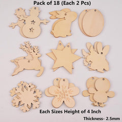 Pack of 18 wooden Christmas ornaments in various shapes on a light gray background.