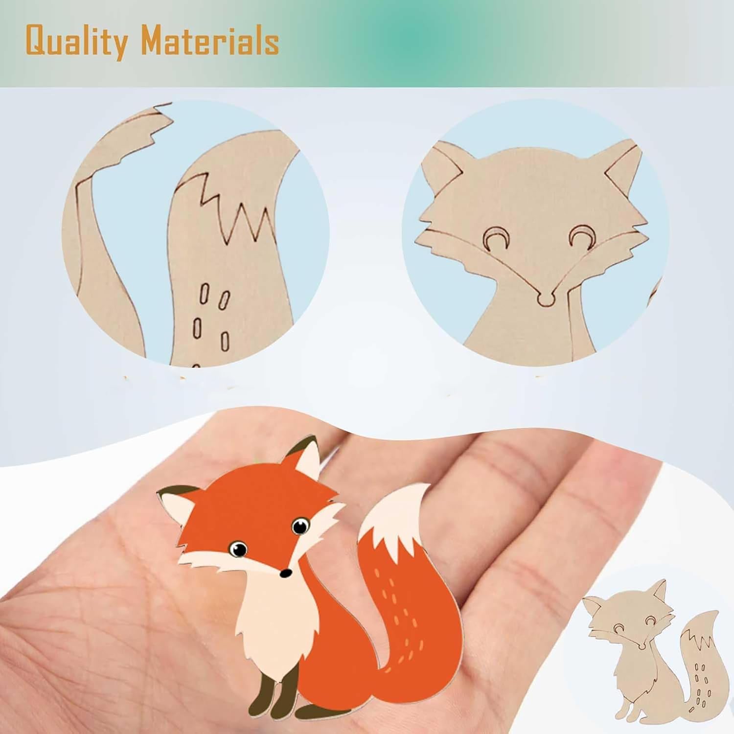 Cardboard fox cutout with quality materials text and a hand holding the cutout.