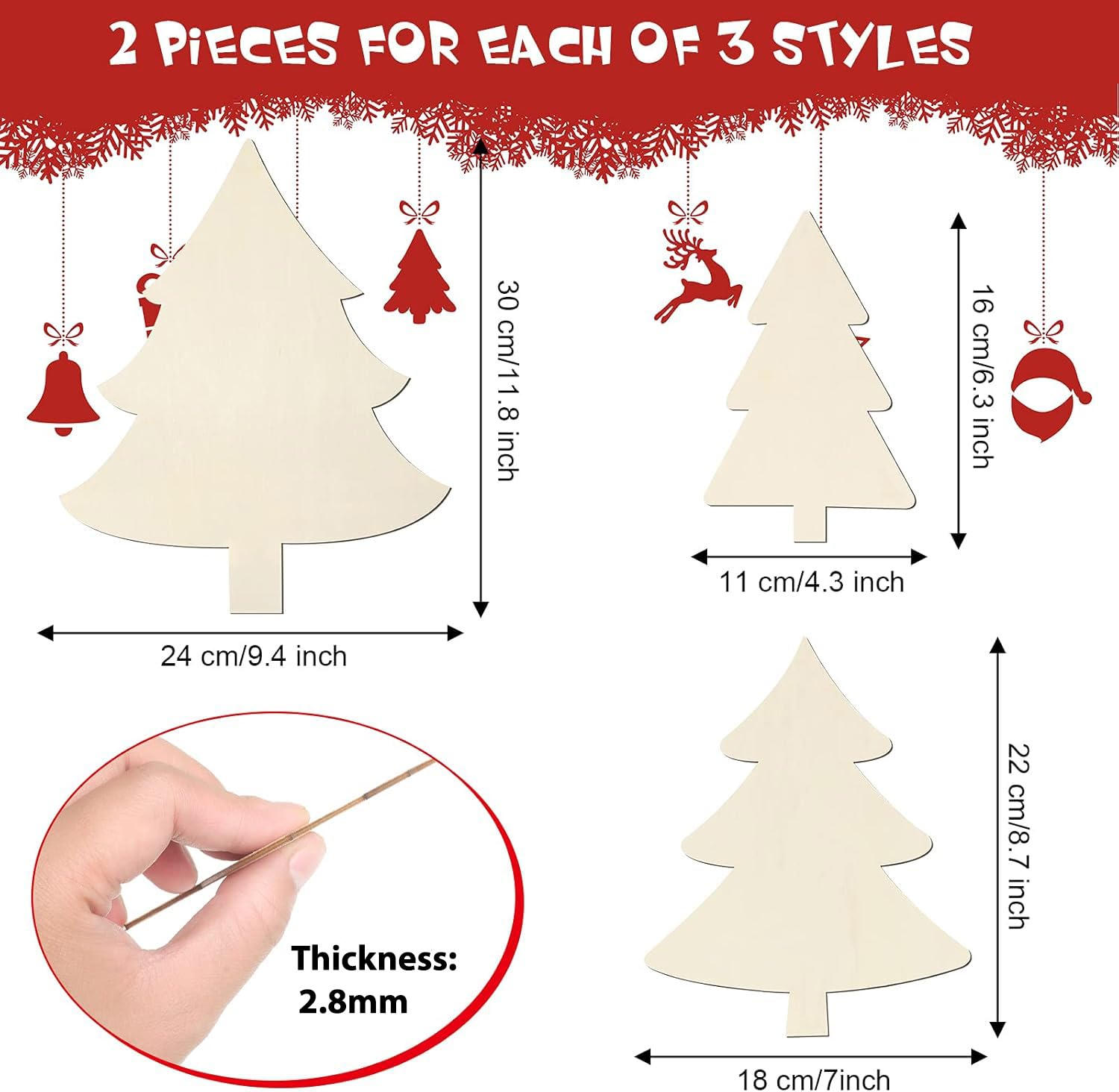 Wooden Christmas tree ornaments with measurements and thickness details on a white background.