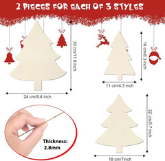 Wooden Christmas tree ornaments with measurements and thickness details on a white background.