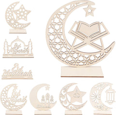 Set of wooden Ramadan decorations with crescent moon, star, and 'Eid Mubarak' text on a white background.