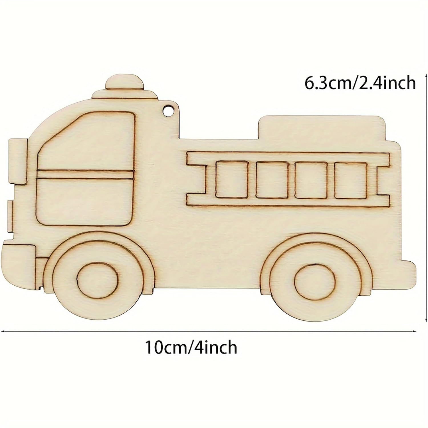 Wooden toy train engine with measurements on a white background