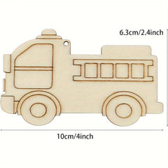 Wooden toy train engine with measurements on a white background