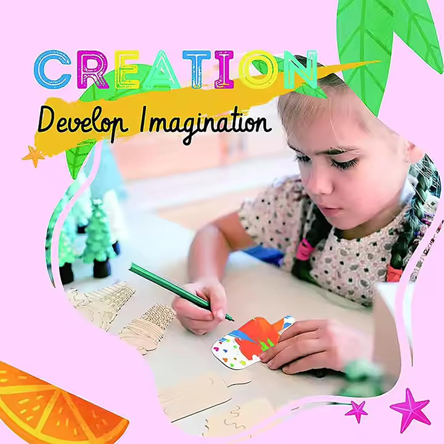 Child drawing with colorful materials on a pink background with 'Creation' text.