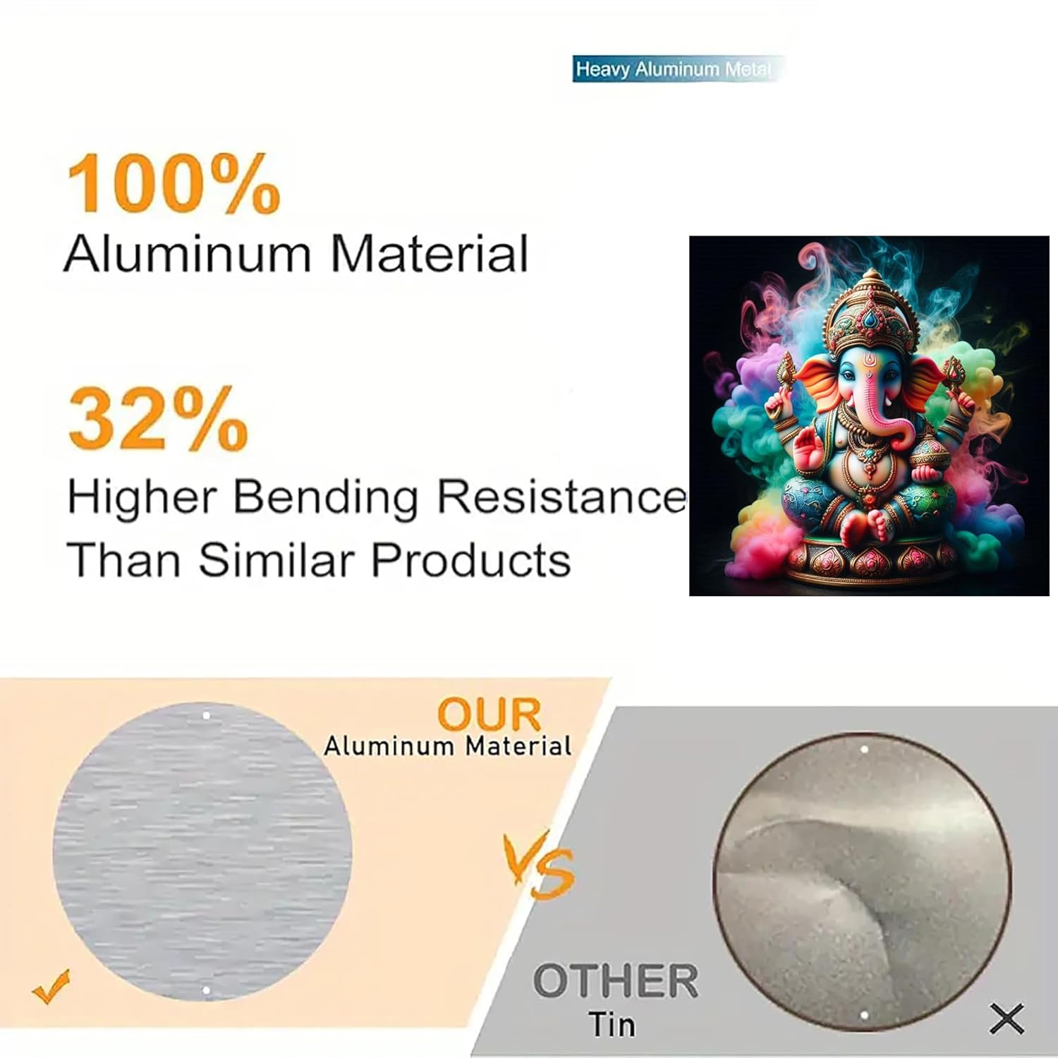 Advertisement highlighting aluminum material properties with a colorful deity statue and metal samples.