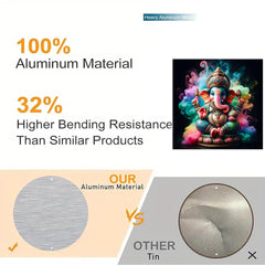 Advertisement highlighting aluminum material properties with a colorful deity statue and metal samples.