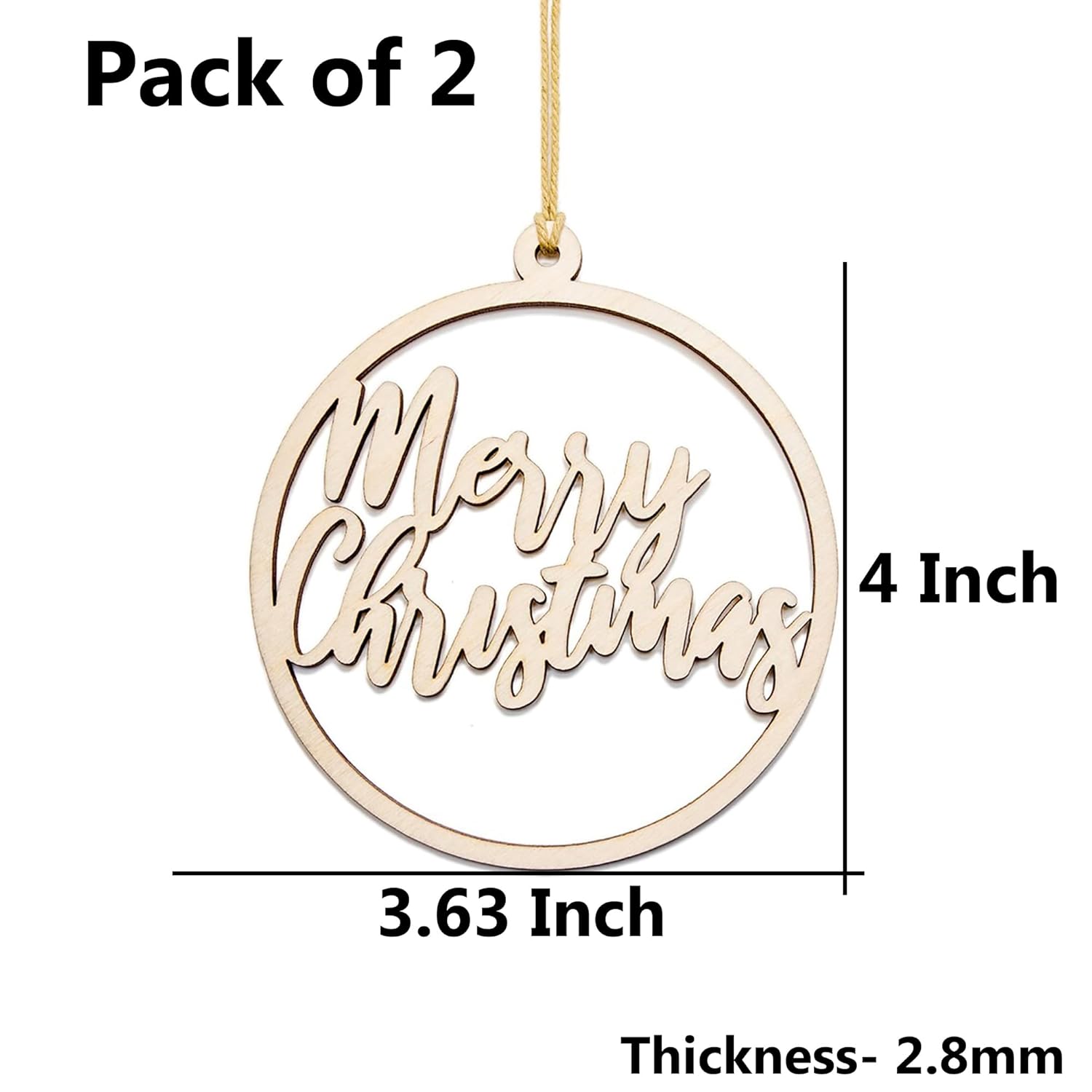 Wooden 'Merry Christmas' ornament with measurements on a white background