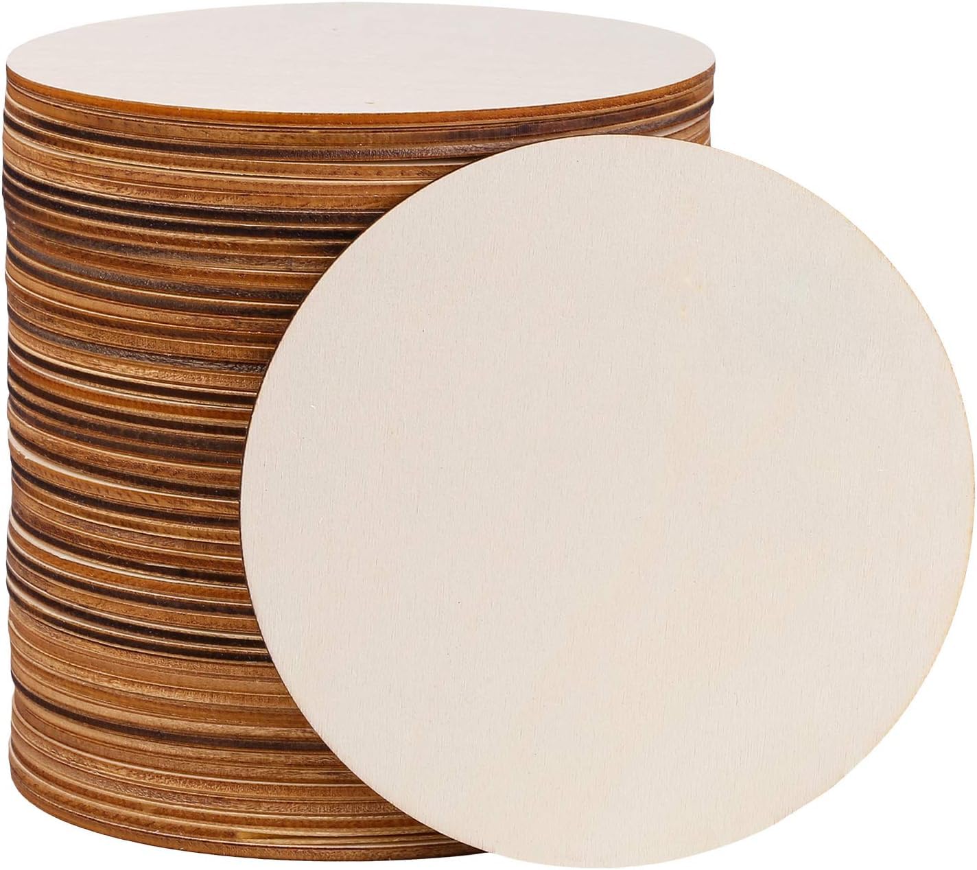 Stack of round wooden coasters with a single white coaster in front on a white background