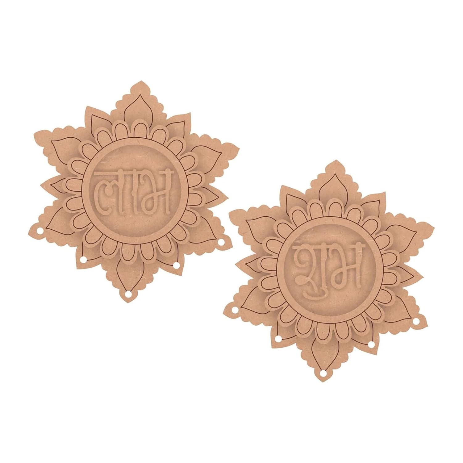 Pair of brown decorative earrings with intricate designs on a white background