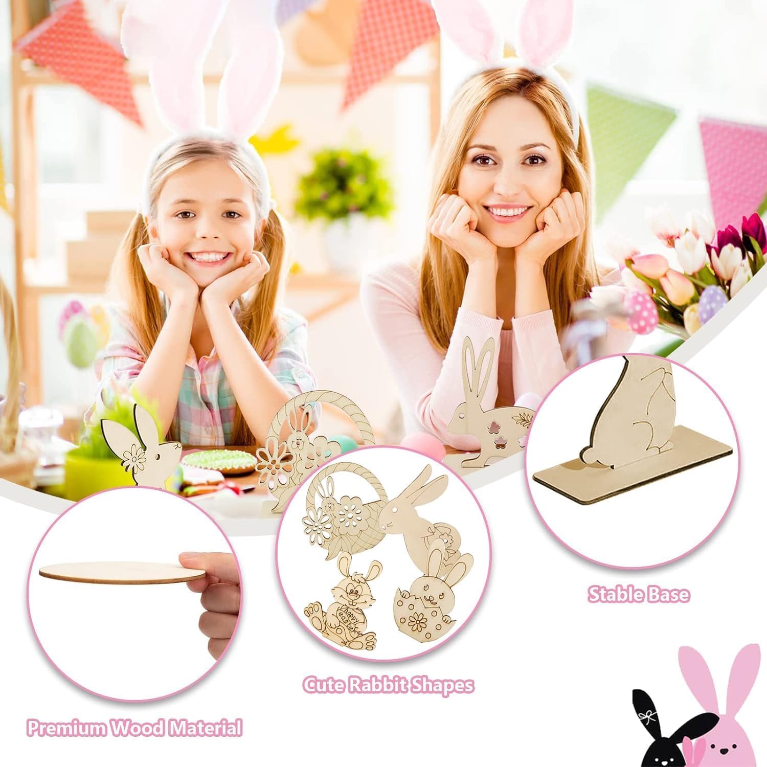 Two women and a girl with bunny ears, surrounded by decorative items including wooden rabbit shapes and a stable base.