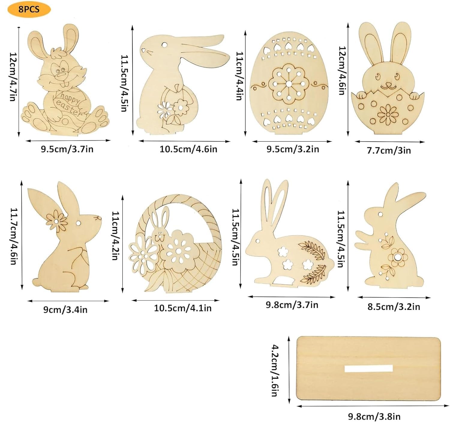 Set of wooden Easter decorations with rabbit and egg designs, including dimensions.