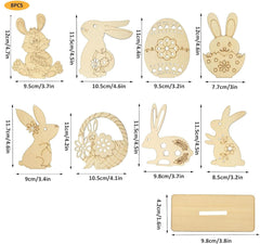 Set of wooden Easter decorations with rabbit and egg designs, including dimensions.
