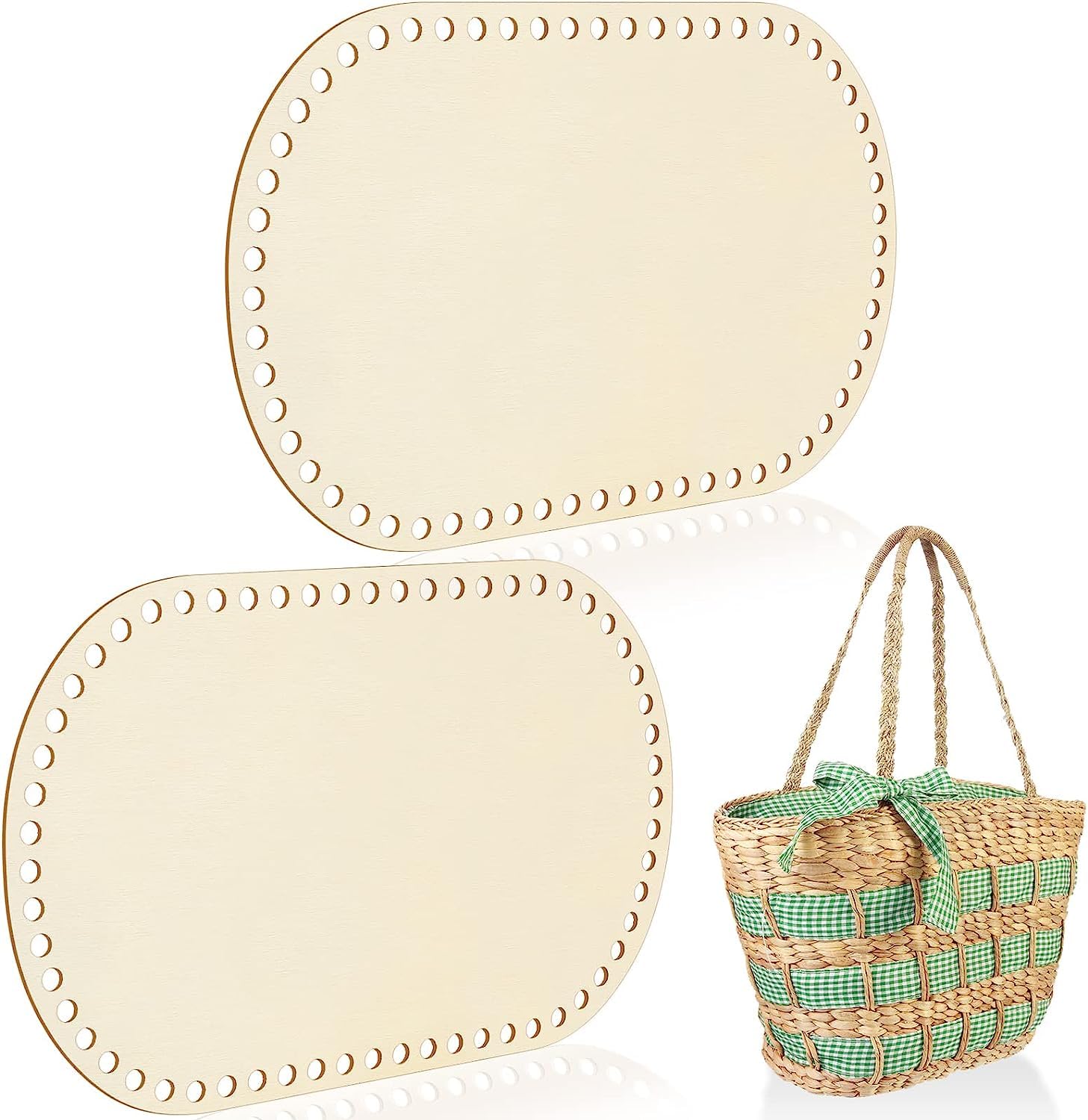 Two beige oval trays with decorative edges and a woven basket with green checkered pattern on a white background.
