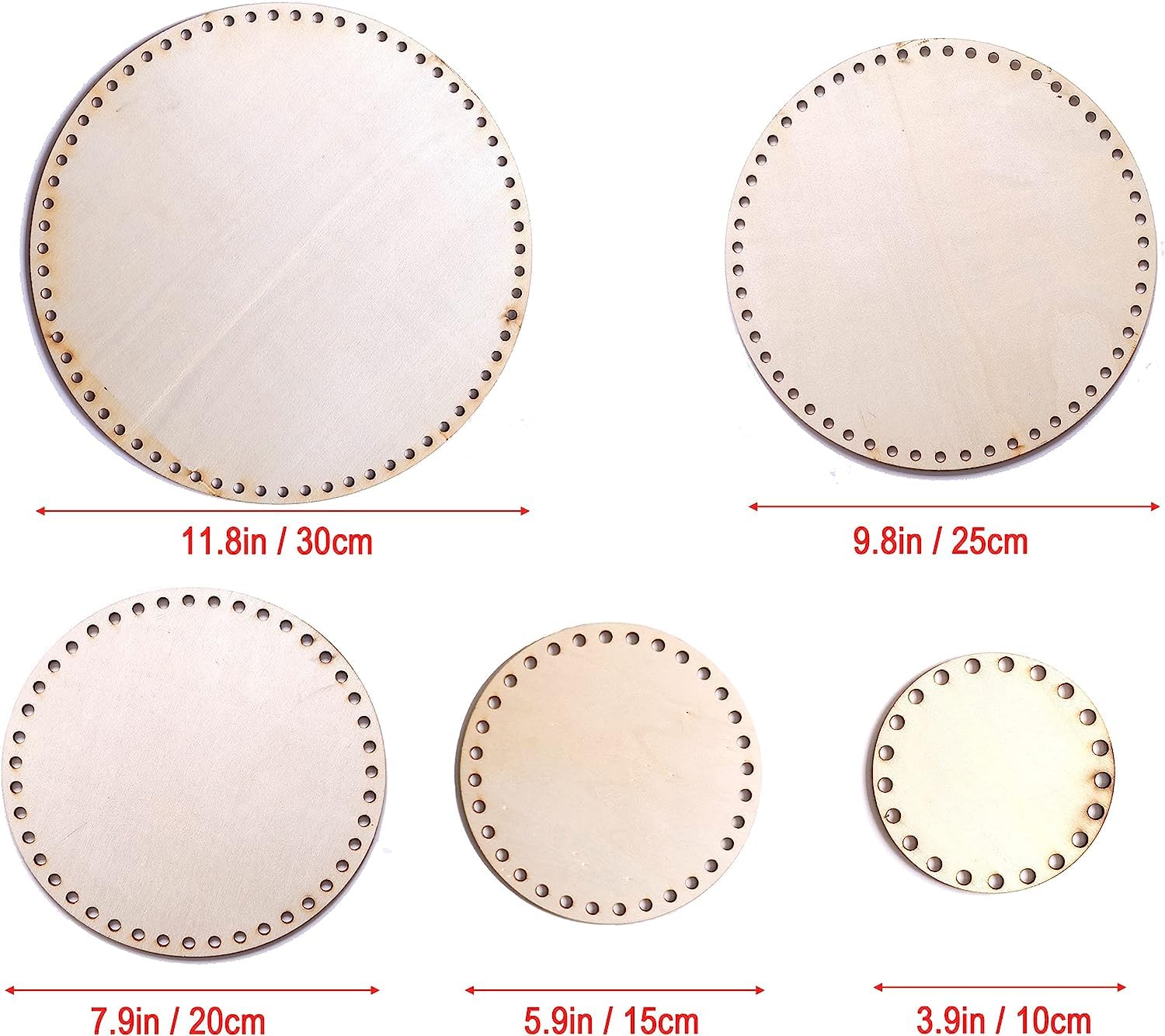 Set of round wooden coasters with metal embellishments and their dimensions.