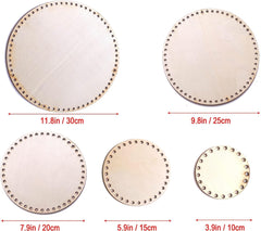Set of round wooden coasters with metal embellishments and their dimensions.