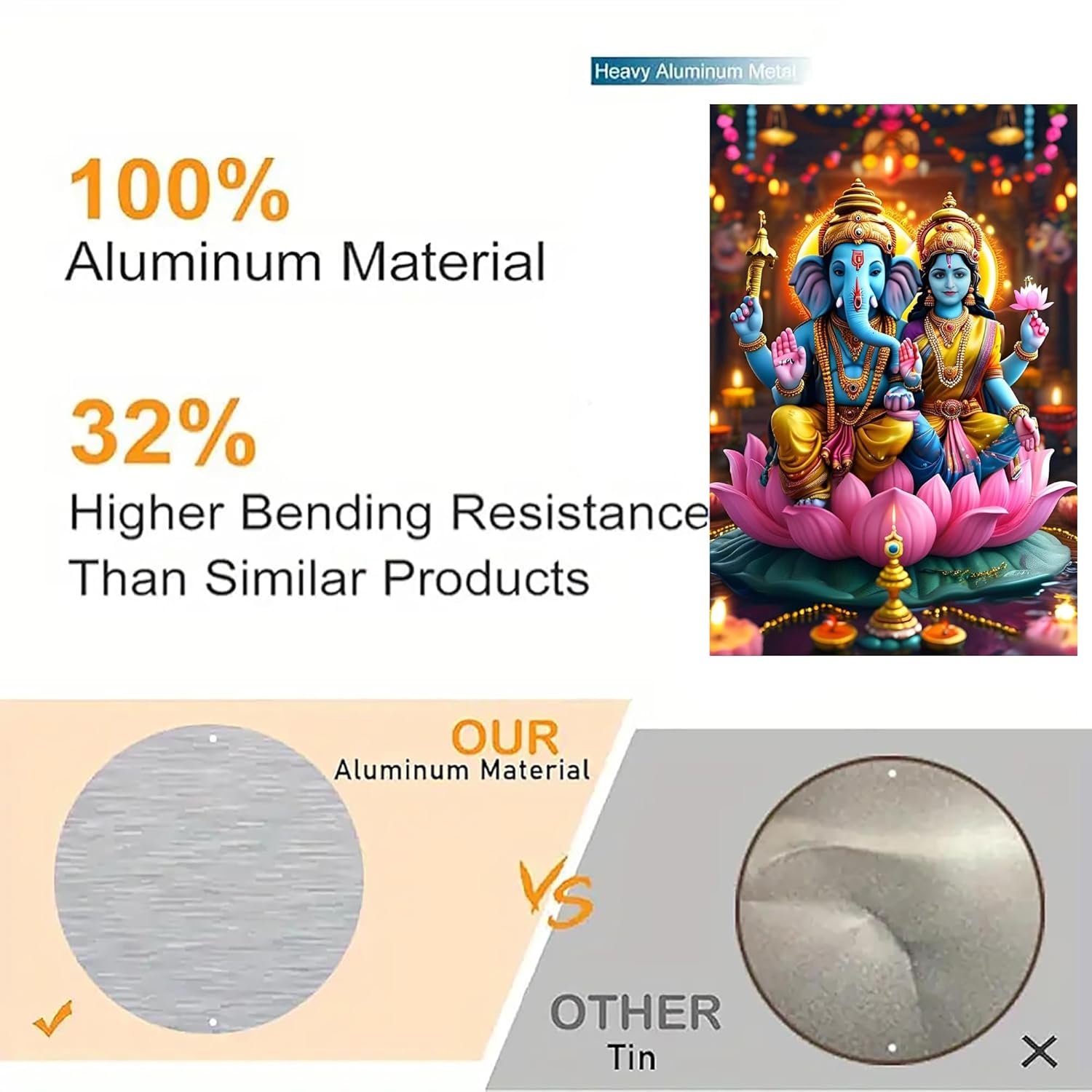 Advertisement showcasing aluminum material with text and images of a decorative item.