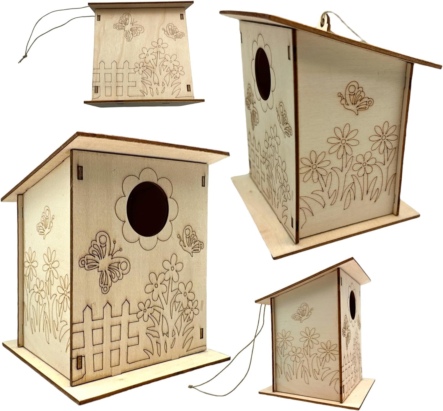Set of four wooden birdhouses with floral and nature-themed designs on a white background
