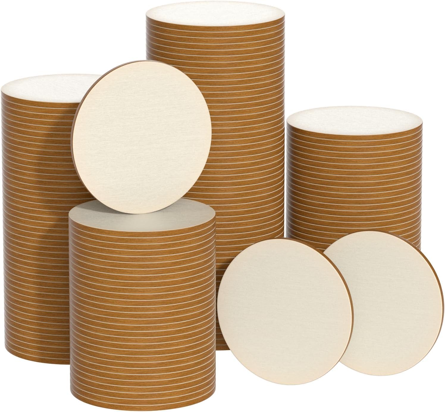 Stacks of brown paper plates with white centers on a white background