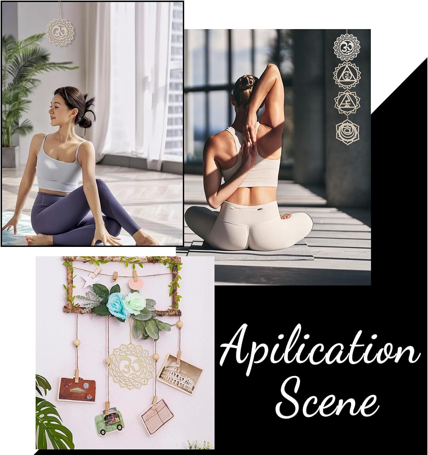 Collage of a woman practicing yoga, a decorated wall with hanging items, and text 'Apilcation Scene'.