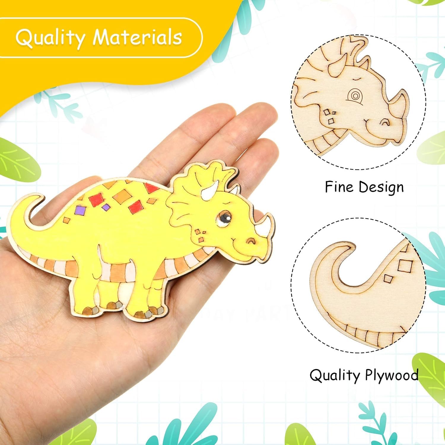 Hand holding a colorful dinosaur-shaped wooden toy with close-up details on quality materials.
