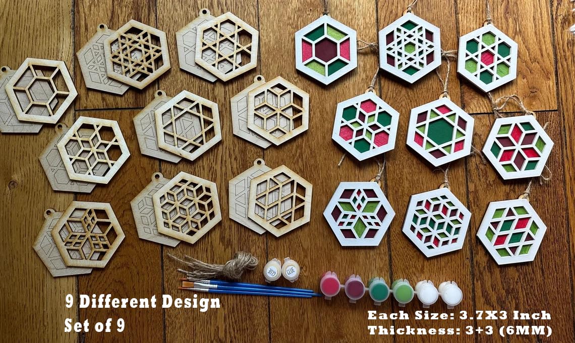 Set of 9 geometric wooden ornaments with paint and brushes on a wooden surface