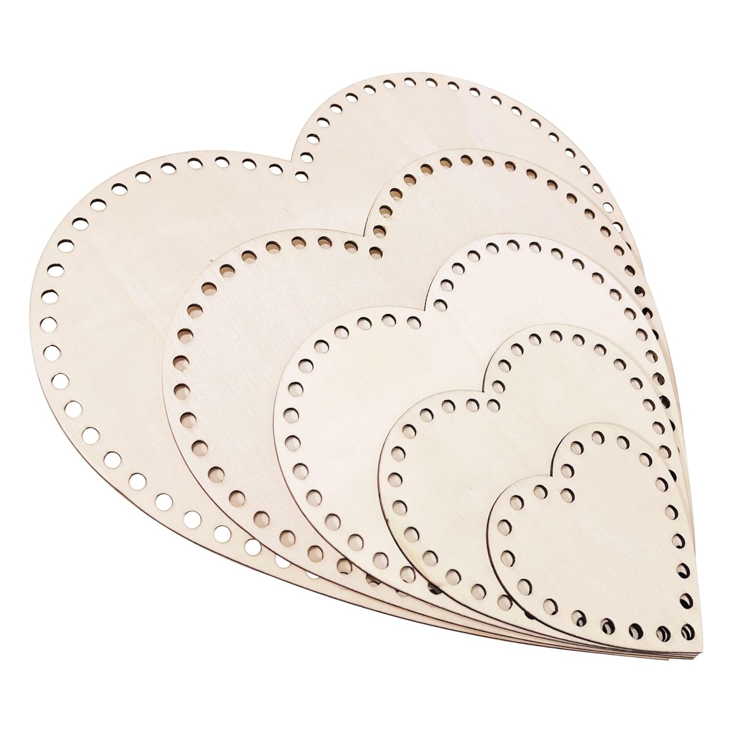 Set of heart-shaped wooden cutouts on a white background