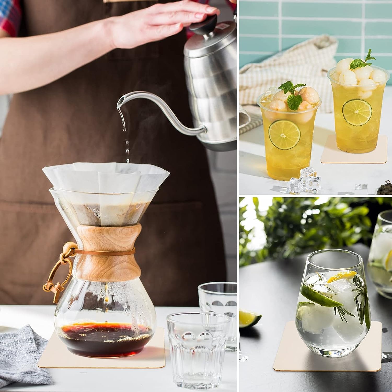 Collage of a person making coffee, lemonade, and iced drinks.