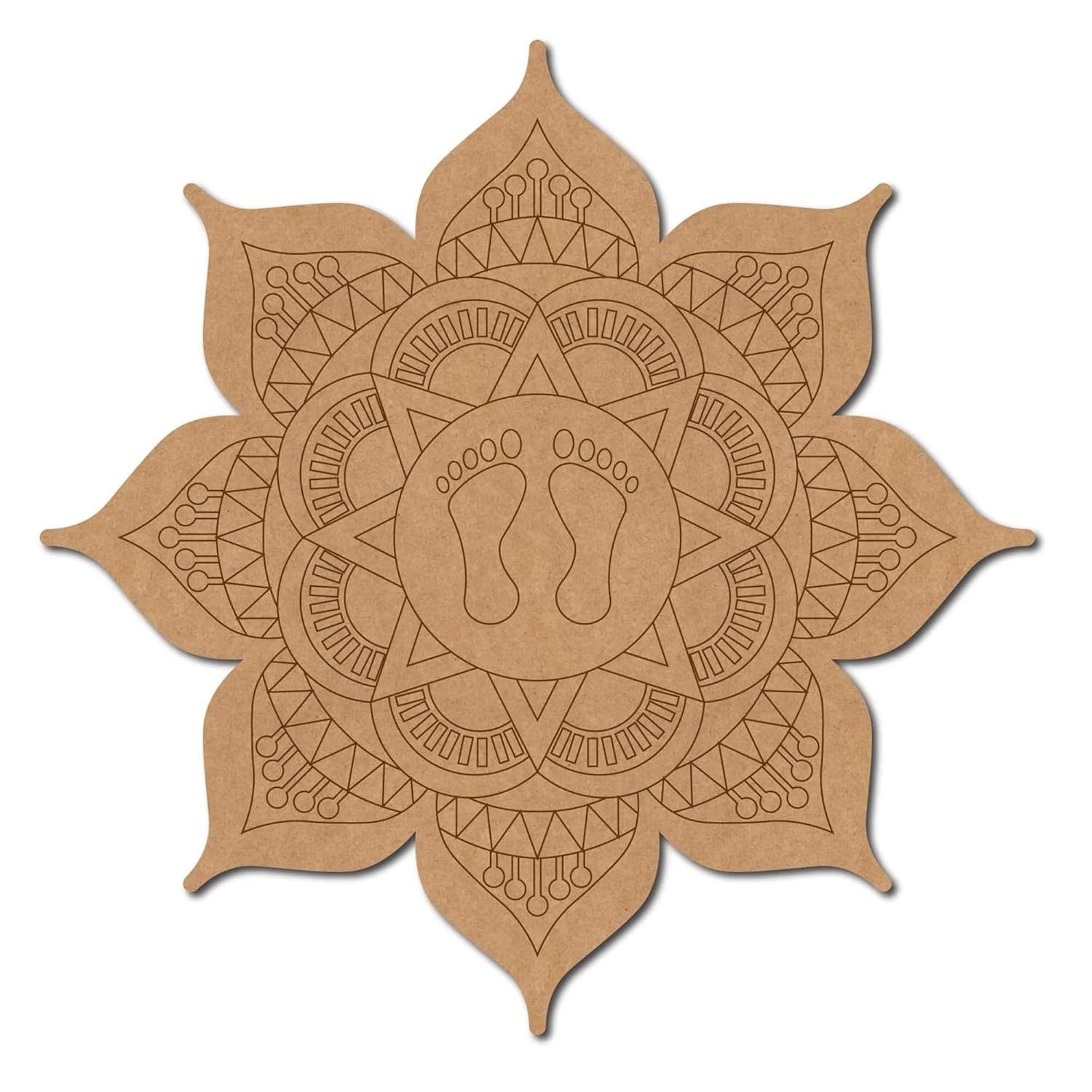 Brown mandala design with footprints in the center on a white background