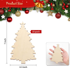 Wooden Christmas tree shapes with measurements and a hand holding one, set against a festive background.