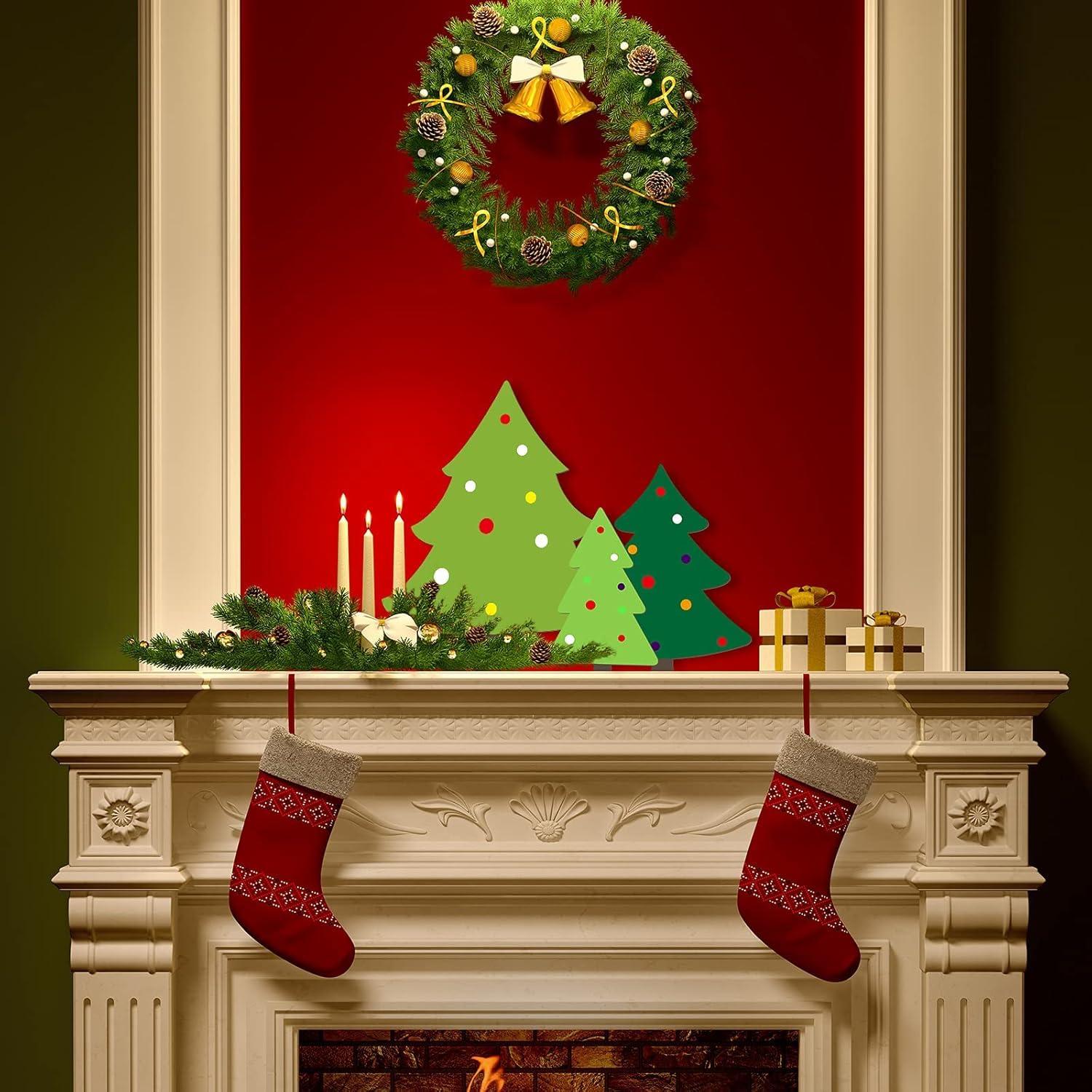 Decorative Christmas mantel with wreath, trees, candles, and stockings.
