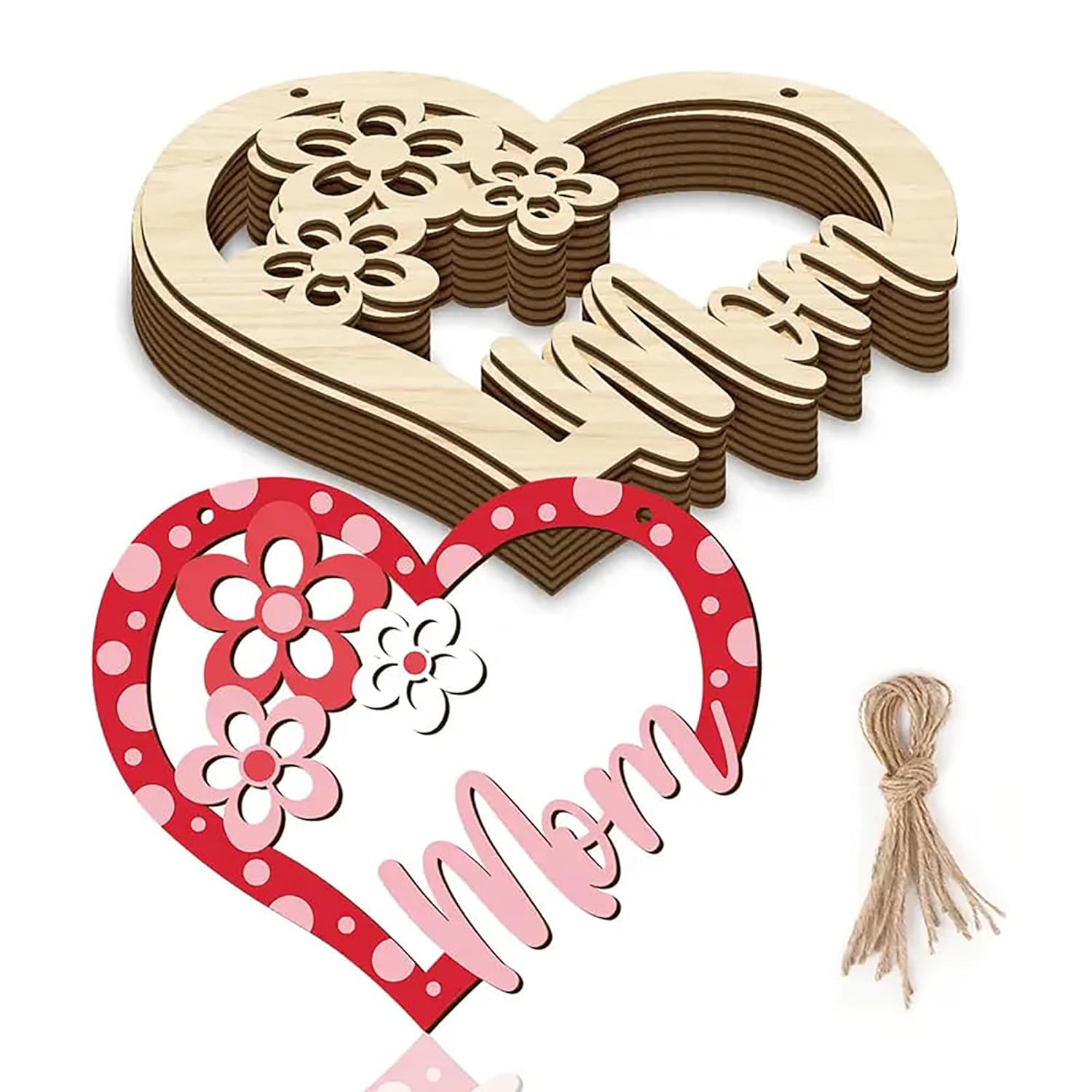 Wooden heart-shaped cutout with 'Mom' text and decorative elements on a white background.