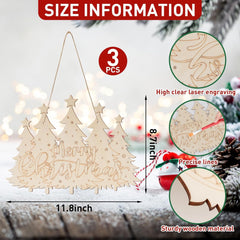 Wooden Christmas tree decorations with size information and material details on a festive background.