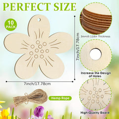 Wooden flower-shaped boards with measurements and hemp rope on a floral background