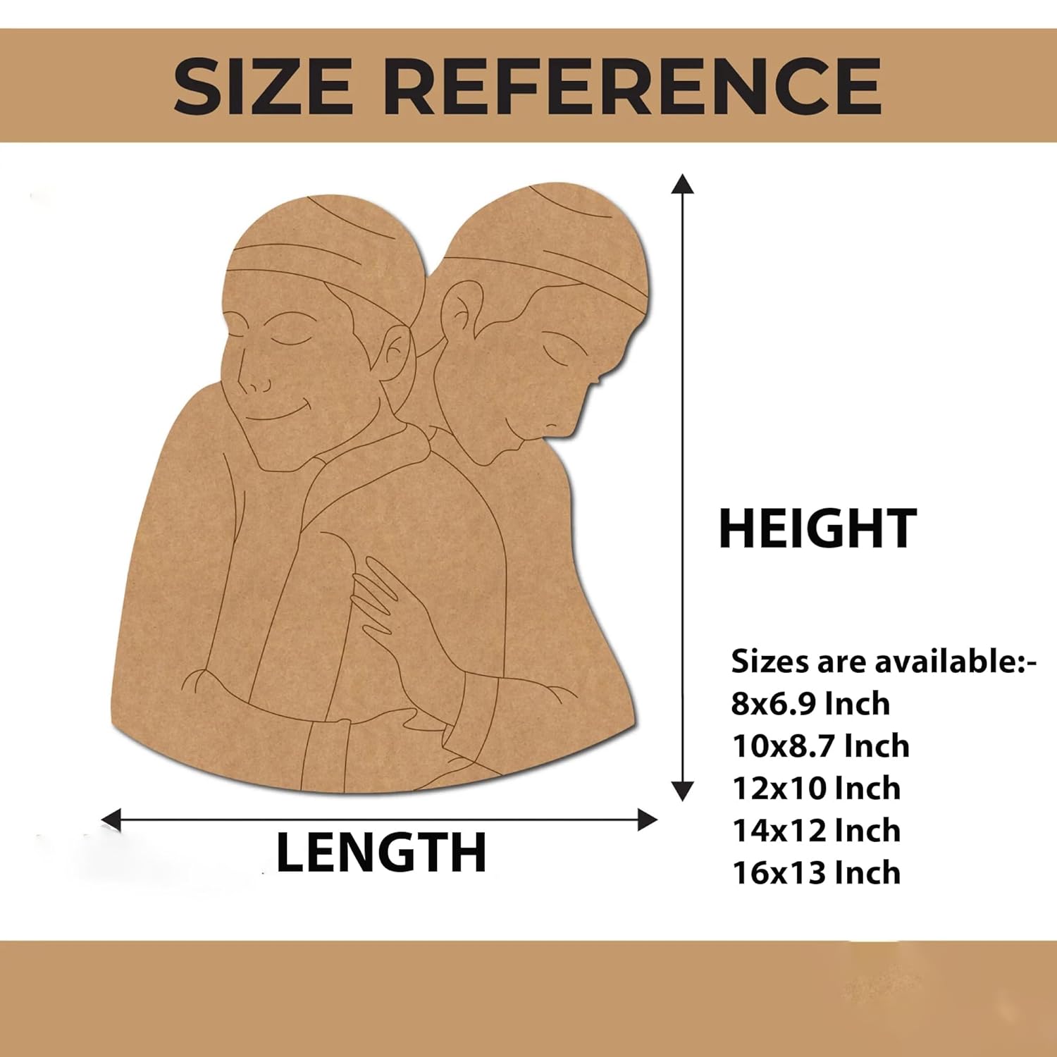 Size reference chart for wooden cutouts with dimensions displayed.