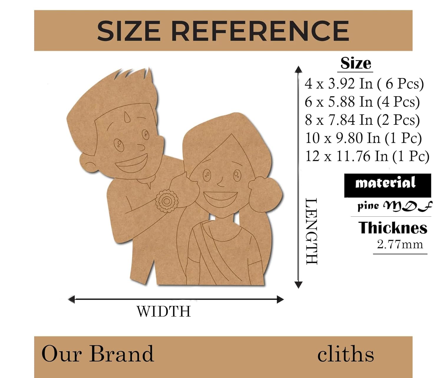Size reference chart for cardboard cutouts with dimensions and material details.