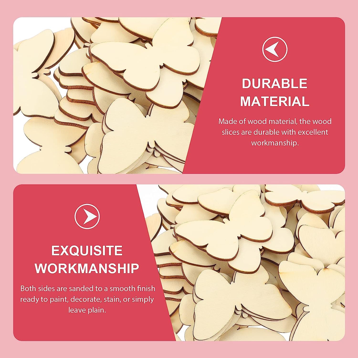 Wooden heart slices with text on durability and workmanship against a pink background