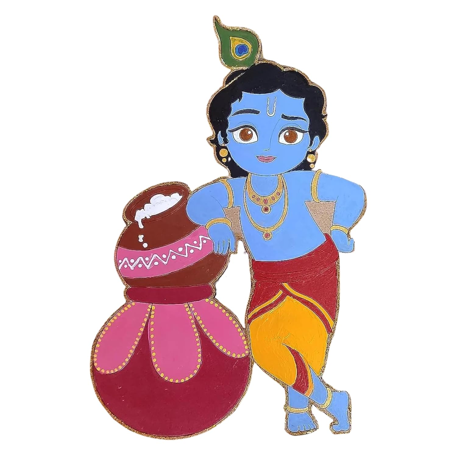 Colorful depiction of a traditional character holding a pot on a white background