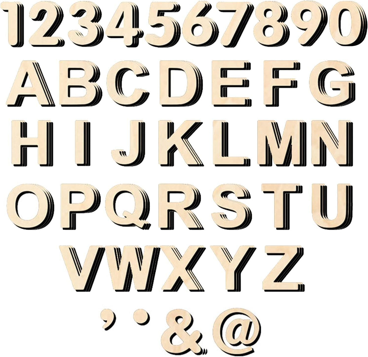 Set of wooden letters and numbers on a white background