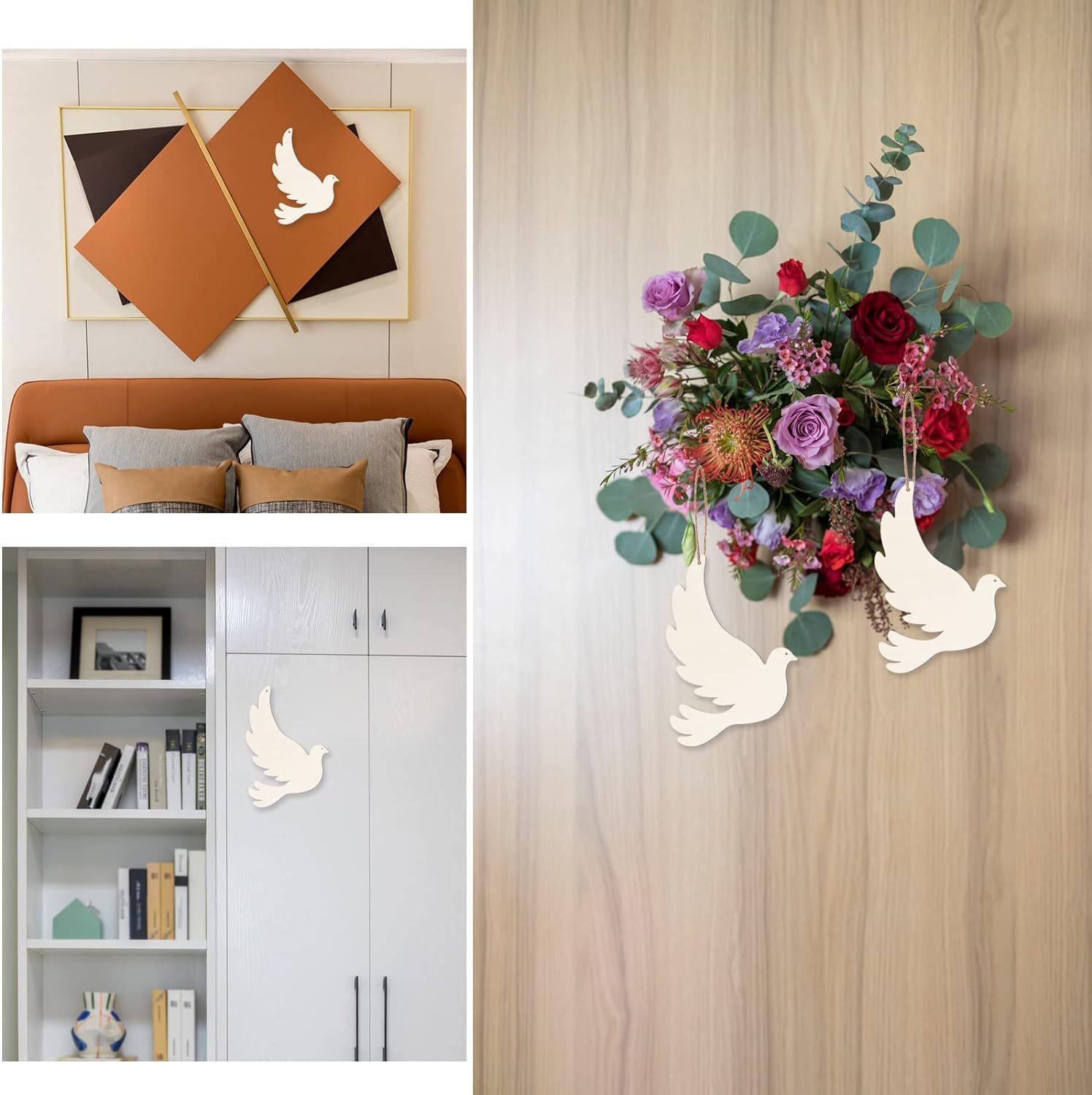 Decorative wall art with flowers and doves in a home setting