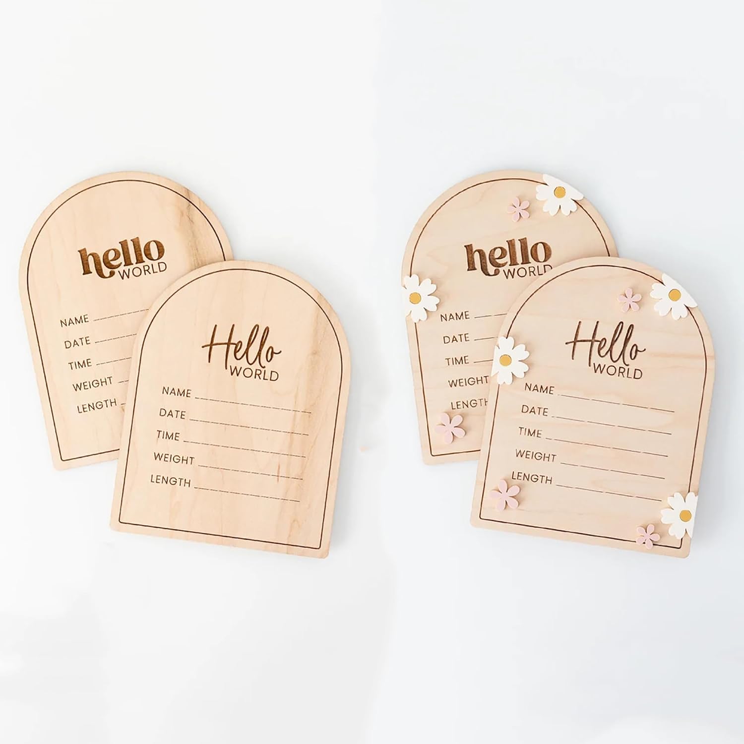 Set of four wooden baby milestone cards with 'hello world' text on a white background