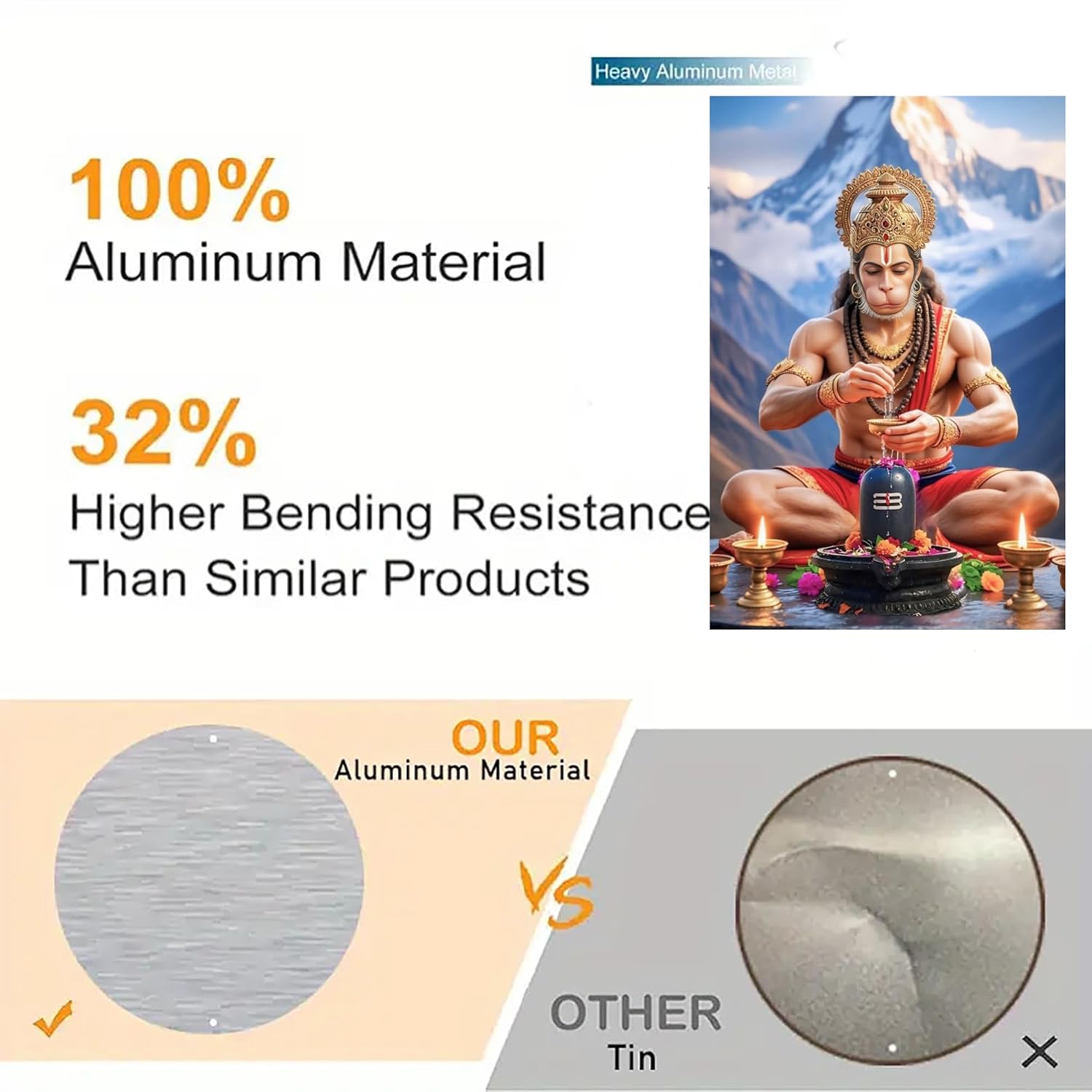 Product comparison of aluminum material with text on material properties and bending resistance.