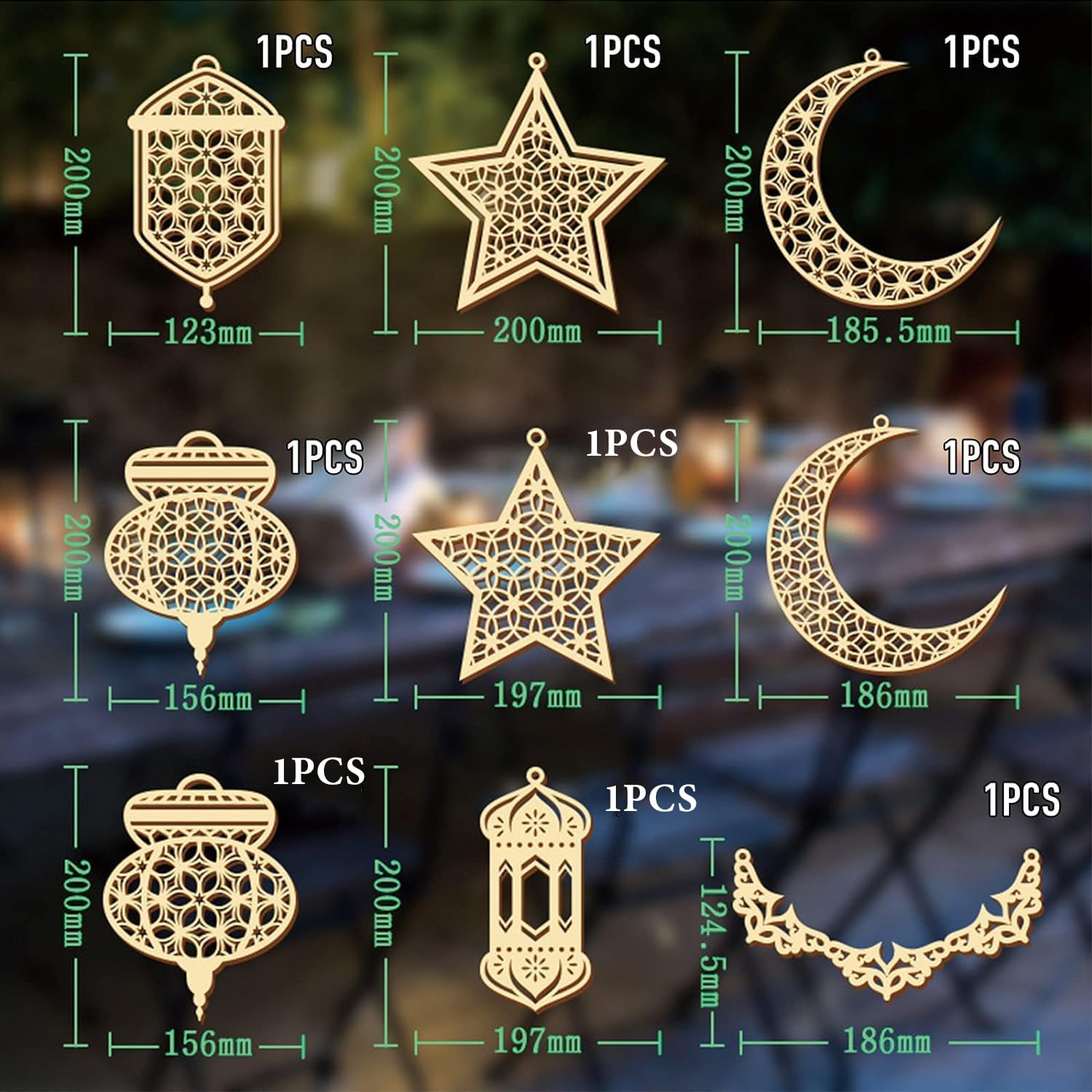 Decorative gold ornaments with measurements on a blurred background