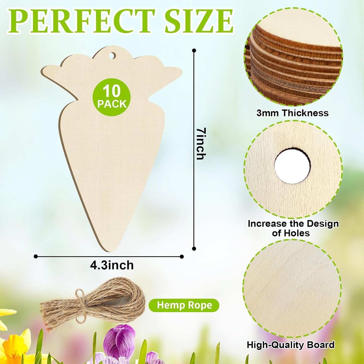 Wooden carrot-shaped cutouts with measurements and details on a nature-themed background
