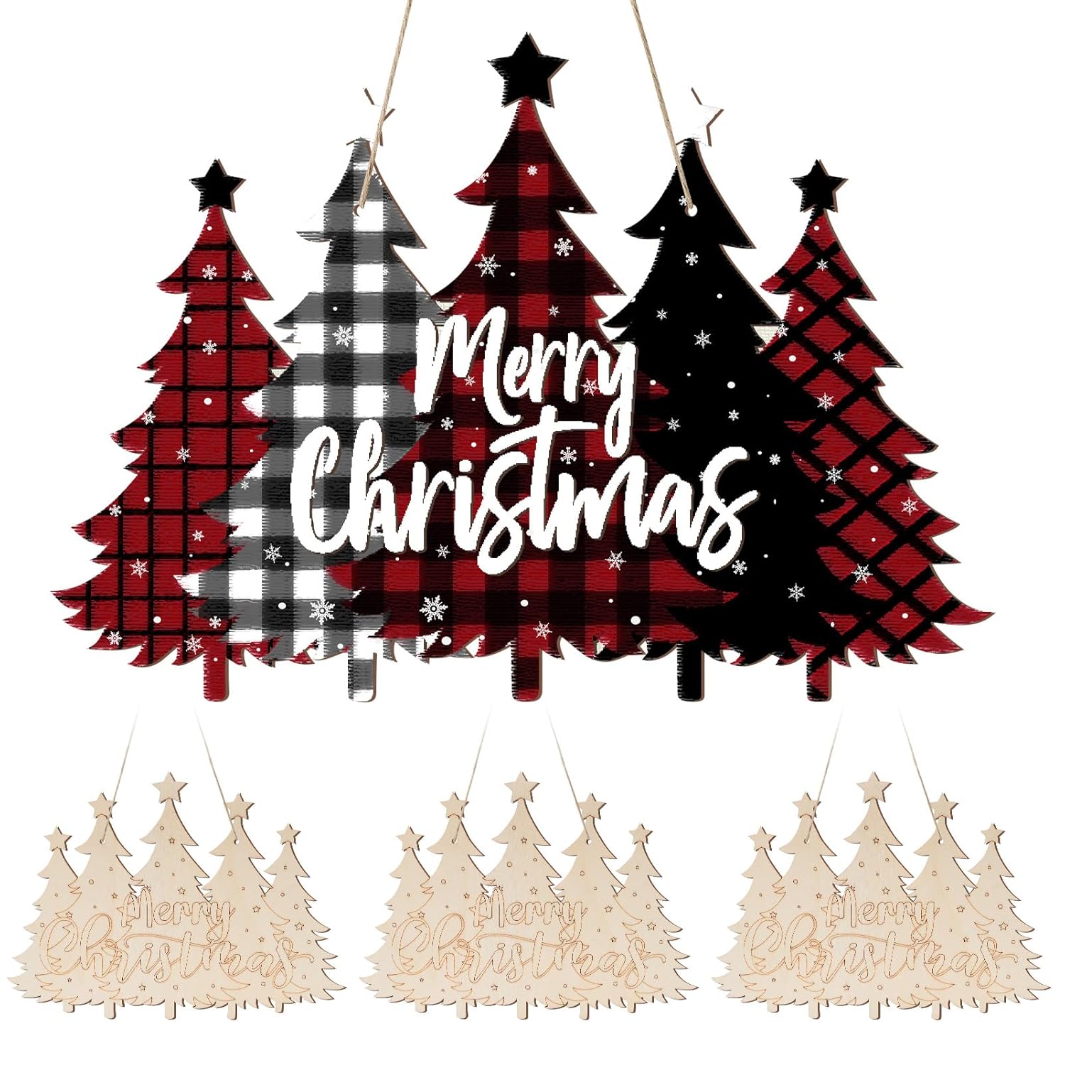 Decorative Christmas tree ornament with plaid patterns and 'Merry Christmas' text on a white background.