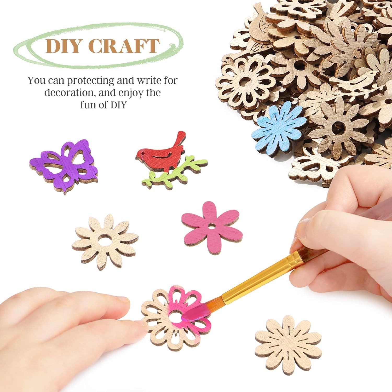 Wooden craft pieces with colorful paint and a hand holding a paintbrush on a white background.