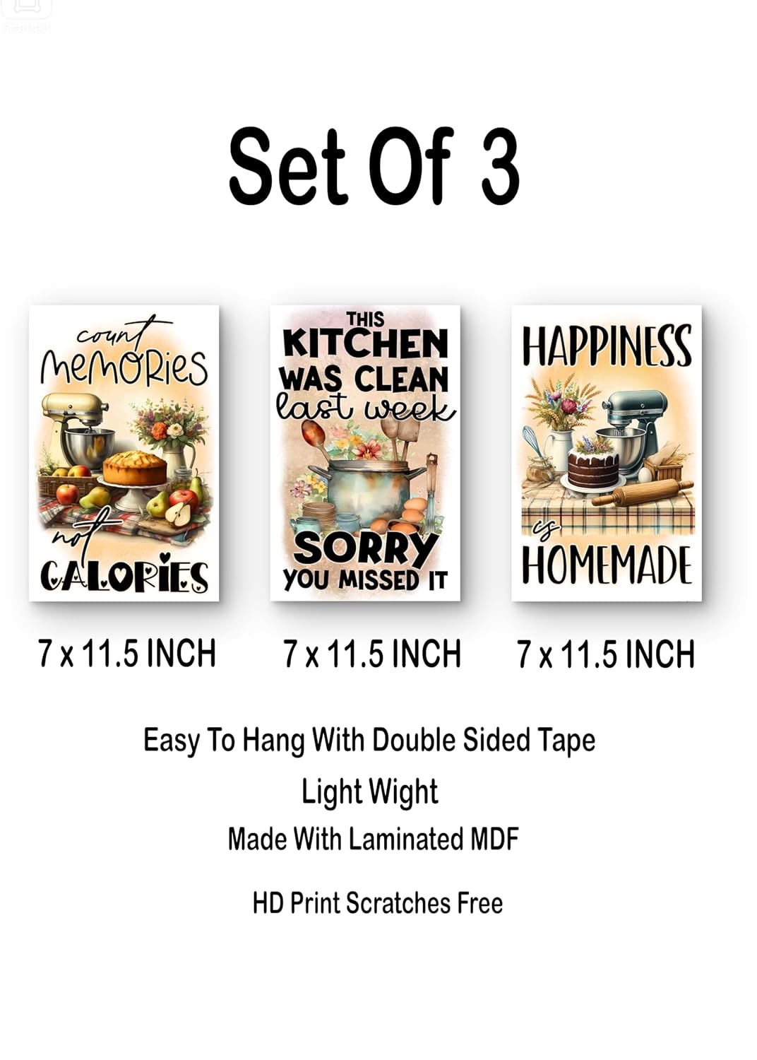 Set of three kitchen-themed posters with text and images, displayed on a white background.