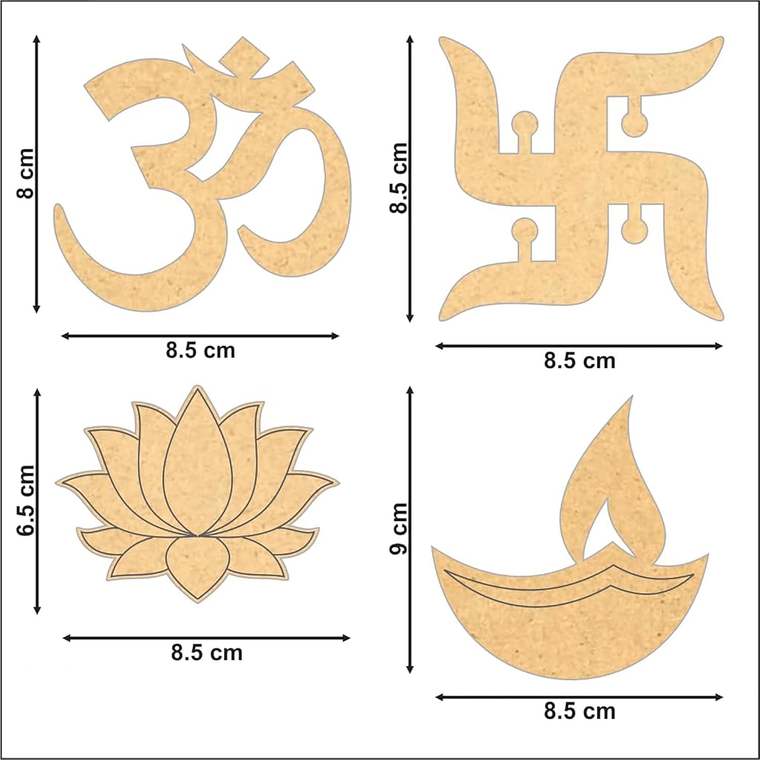 Set of four wooden cutouts with dimensions labeled on a white background