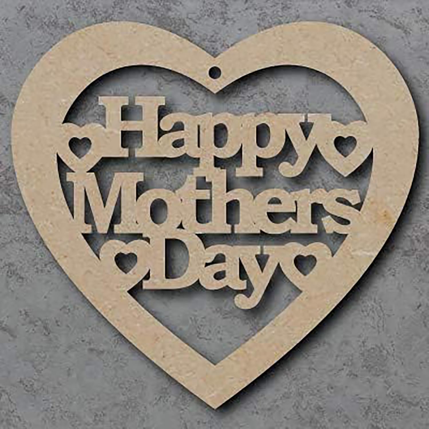 Heart-shaped wooden cutout with 'Happy Mother's Day' text on a gray background